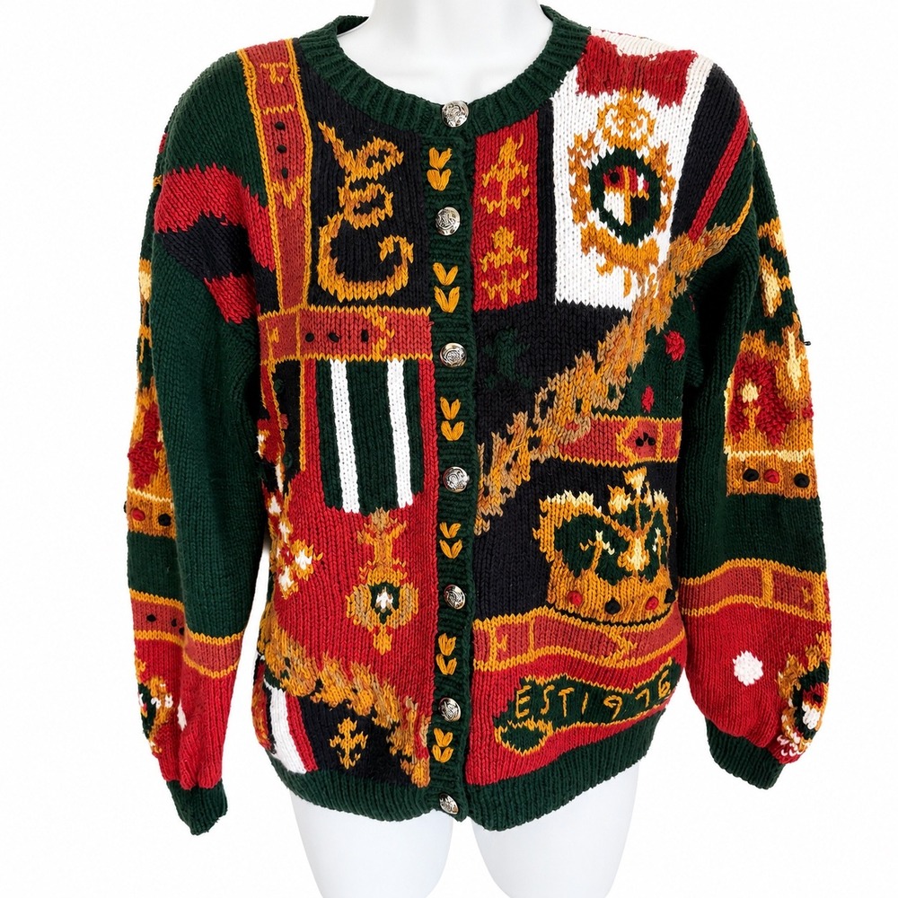 Vintage 90s Bianca Royal Crest Intarsia Cardigan Sweater Crown Heraldic Small - Picture 3 of 9